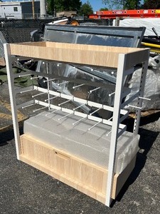Beautiful Professional Quality Roller Cart Rack - White & Oak Design - Metal Adjustable Racks - Acrylic Cubbies - Soft Closing Bottom Drawer  Great Utility for any Space - Retail or Personal  4’ x 3’ x 20”