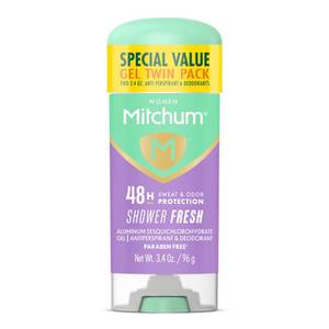 lot 36504 image: Mitchum Womens Antiperspirant Deodorant Gel Stick, Shower Fresh Scent, 48HR Sweat & Odor Protection, Triple Odor Defense, Alcohol-Free, 3.4 oz (Pack of 2) - Retail $6