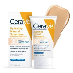 lot 36516 image: CeraVe Hydrating Mineral Sunscreen SPF 30 with Sheer Tint, Tinted Mineral Sunscreen with Zinc Oxide & Titanium Dioxide, Blends Seamlessly For Healthy Glow, Light, 1.7 Oz - Retail $13