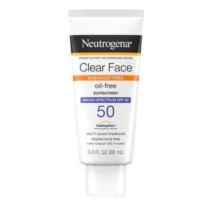 lot 36527 image: Neutrogena Clear Face Sunscreen Lotion for Acne-Prone Skin, Broad Spectrum SPF 50, Sunscreen for Face & Oily Skin, Oil-,Fragrance- & Oxybenzone-Free, Water Resistant, Matte, Unscented, 3 Fl Oz - Retail $12