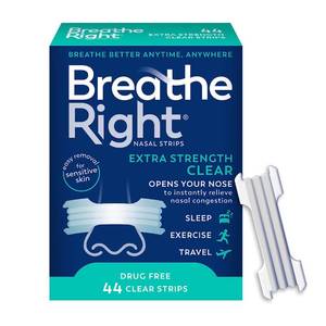 lot 36529 image: Breathe Right Nasal Strips, Extra Strength Clear Nose Strips, Drug-Free Nasal Congestion Relief for Better Breathing, Help Relieve Snoring, Caused by Colds & Allergies, Deviated Septum, 40ct - Retail $17