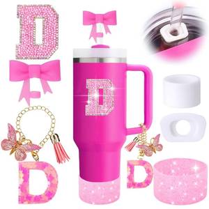 lot 36547 image: 6PCS Pink Stanley Cup Accessories Set, Initials Decorations for Stanley Cup 30oz 40oz, Includes Bow Straw Topper, Handle Charm, Letter Sticker, Silicone Boot, Spill Proof Stopper (Letter N) - Retail $10
