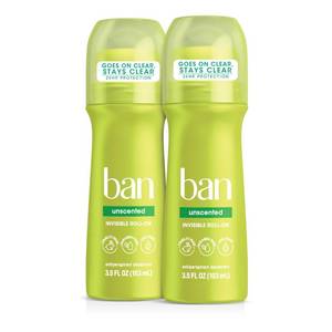 lot 36554 image: Ban Invisible Roll-on Antiperspirant Deodorant for Women and Men, 24-hour Underarm Odor & Sweat Protection, Unscented, 3.5 Oz, Pack of 2 - Retail $10