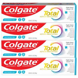 lot 36561 image: Colgate Total Active Prevention Whitening Gel Toothpaste with Fluoride, Bulk with Clinically Proven Formula That Fights Plaque Bacteria, Mint, 4 Pack, 5.1 oz - Retail $16