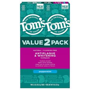 lot 36562 image: Toms of Maine Fluoride-Free Antiplaque & Whitening Natural Toothpaste, Peppermint, 5.5 oz. (Pack of 2) - Retail $12