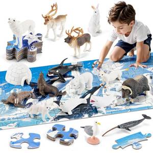 lot 36564 image: Arctic Animals Figurines Toys - 16PCS Winter Polar Animals Figures & 108 PCS Large Arctic Jigsaw Puzzles Toys for Preschool Kids Toddlers Ideal Gift for Boys and Girls - Retail $20