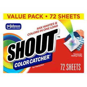 lot 36575 image: Shout Color Catchers for Laundry, Allow Mixed Washes, Prevents Color Runs and Maintains Original Clothing, 72 Count - Retail $9