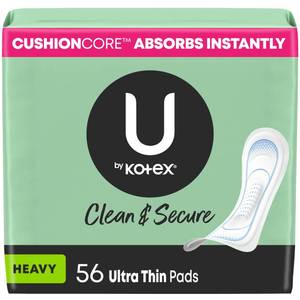 lot 36577 image: U by Kotex Ultra Thin Pads, Clean & Secure, Heavy Absorbency, 56 Count (Packaging May Vary) - Retail $8