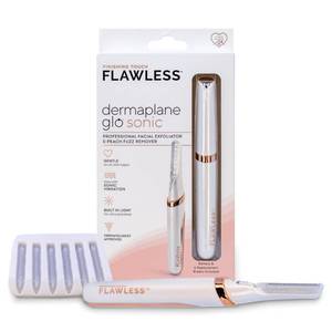 lot 36601 image: Finishing Touch Flawless Dermaplane Glo Sonic Lighted Facial Exfoliator, Electric Vibrating Dermaplane Razor for Dermaplaning, Facial Hair Removal, 6 Replacement Heads - Retail $28