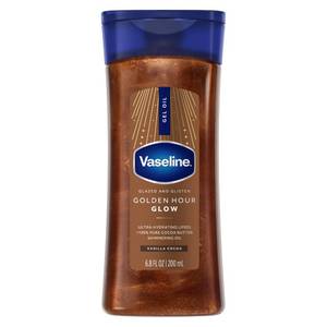 lot 36604 image: Vaseline Glazed and Glisten Golden Hour Body Gel Oil Glow Vanilla Cocoa Shimmering with Ultra-Hydrating Lipids and 100% Pure Cocoa Butter, 6.8 Oz - Retail $9