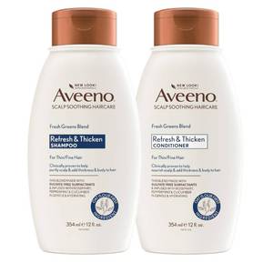 lot 36610 image: Aveeno Fresh Greens Shampoo and Conditioner Set, Sulfate Free, Clarifying & Volumizing for Thin or Fine Hair, Rosemary Peppermint Cucumber Nourish & Thicken, Color Safe Paraben Free, 12 Fl Oz, 2 Count - Retail $19