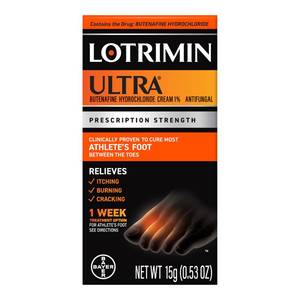 lot 36616 image: Lotrimin Ultra 1 Week Athletes Foot Treatment, Prescription Strength Butenafine Hydrochloride 1%, Cures Most Athletes Foot Between Toes, Cream, 53 Ounce (15 Grams) (Packaging May Vary) - Retail $13