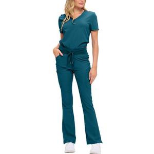 lot 36621 image: Monarch Uniforms Womens Soft Stretch Scrub Set with Nine Pockets  V-Neck Top & High-Waisted Bootcut Pants-CARIBBEAN BLUE. Small - Retail $50