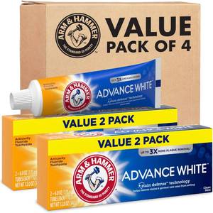 lot 36624 image: ARM & HAMMER Advance White Toothpaste, Teeth Whitening Baking Soda Toothpaste with Stain Defense Technology and Fluoride, Clean Mint Flavor, 6.0 Oz (4 Pack) - Retail $19