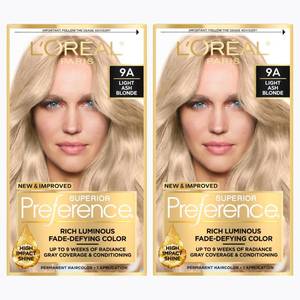 lot 36626 image: LOreal Paris Superior Preference Luminous Fade-Defying Permanent Hair Color, Hair Dye For Up to 9 Weeks of Radiance, Light Ash Blonde 9A, 1 Hair Dye Kit  - Retail $26