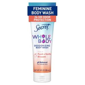lot 36635 image: Secret Feminine Wash, 24 HR Deodorizing Feminine Body Wash for Women, Removes 6x Causes of Odor, PH Balanced, Safe to Use Everywhere, Peach & Vanilla Blossom Scent, 8.0 oz - Retail $8