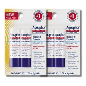 lot 36639 image: Aquaphor Lip Repair and Protect Stick with Sunscreen, Broad Spectrum SPF 30 Sunscreen Lip Balm, 0.17 Oz Stick, Pack of 4 - Retail $20