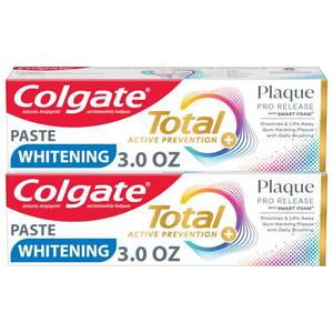 lot 36642 image: Colgate Total Plaque Pro Release Whitening Toothpaste Pack, Whitening Fluoride Toothpaste, Fights Plaque, Bad Breath, Tartar Buildup, and Helps Protect Teeth from Sensitivity, 2 Pack, 3.0 oz - Retail $15