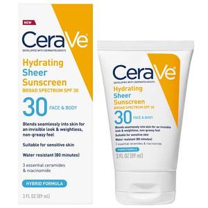 lot 36646 image: CeraVe Hydrating Sheer Sunscreen with SPF 30 for Face and Body, Mineral & Chemical Sunscreen for Men & Women with Zinc Oxide, Hyaluronic Acid and Ceramides, Paraben-Free  Fragrance-Free, 3 Ounces - Retail $14