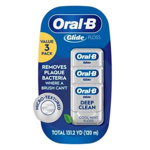 lot 36650 image: Oral-B Glide Dental Floss, Shred Resistant, Gentle on Gums, Natural Wax, Slides Smoothly, Deep Clean Cool Mint Flavor, 40 M, 3 Count - Retail $10