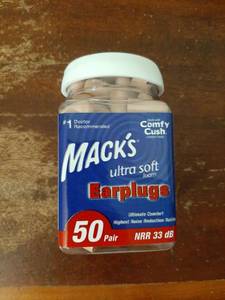 lot 36673 image: Macks Ultra Soft Foam Earplugs, 50 Pair - 33dB Highest NRR, Comfortable Ear Plugs for Sleeping, Snoring, Travel, Concerts, Studying, Loud Noise, Work  Made in USA - Retail $10