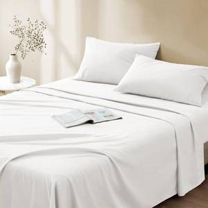 lot 36680 image: Comfort Spaces 100% Cotton Sheet Set Breathable, Lightweight, Soft with 14 Elastic Pocket Fits up to 16 Mattress, All Season Cozy Bedding, Matching Pillow Case, Full White 4 Piece - Retail $25