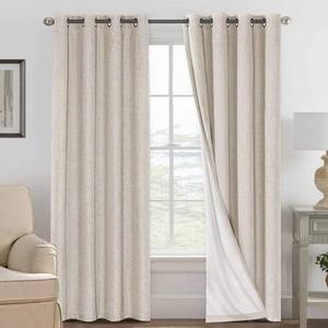 lot 36682 image: Polyester Blackout Curtains 96 Inches Long, 100% Absolutely Blackout Elegant Curtains for Bedroom, Thermal Insulated Linen Drapes Grommet Curtains with White Liner, 2 Panels, Natural - Retail $44