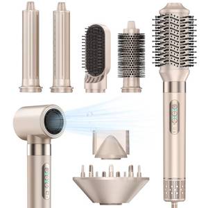 lot 36695 image: 8-in-1 Hot Air Styler & Hair Dryer Brush Set, 110,000 RPM High-Speed Ionic Multi-Styler with Auto-Wrap Curlers, Diffuser, Volumizing & Thermal Brush for Fast Drying and a Smooth, Shiny Finish. Visible Use. Tested Works. - Retail $70