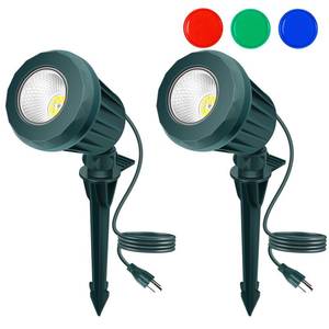 lot 36701 image: Spotlight Outdoor 120V Plug-in, 2700K Warm White LED Landscape Spotlights with RGB 3 Lenses for Yard, Garden, Lawn&Tree Decor, IP67 Waterproof, Perfect for Holidays&Everyday, 2 Pack, MISSING ONE STAKE. - Retail $26