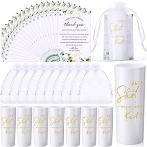 lot 36705 image: 50 Set Wedding Favors for Guests Bulk 2oz Acrylic Take a Shot We Tied the Knot Shot Glasses with Thank You Cards Organza Bags for Guest Souvenir Wedding Bridal Shower Gifts. COUNT UNKNOWN. - Retail $39