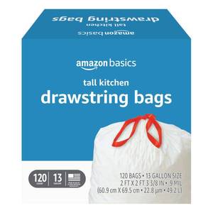 lot 36718 image: Amazon Basics Tall Kitchen Drawstring Trash Bags, Sturdy and Tear Resistant, 13 Gallon, Unscented, 120 Count - Retail $20