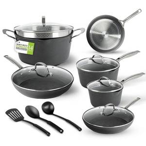 lot 36720 image: GRANITESTONE 14 Pc Induction Cookware Sets  Kitchen Pots and Pans Set  Nonstick Cookware Set  Non Stick Pots and Pan Set  Hard Anodized  Oven and Dishwasher Safe. SEVERAL HAVE SCUFFS, LARGEST PAN HAS DEEP SCRATCH PAST COATING. - Retail $320