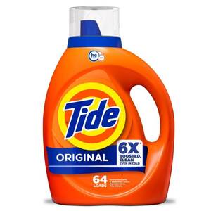 lot 36721 image: Tide Laundry Detergent Liquid, Original Scent, 64 Loads, 80 FL OZ, Works on 100% of Common Stains, Laundry Soap, Liquid Laundry Detergent - Retail $13