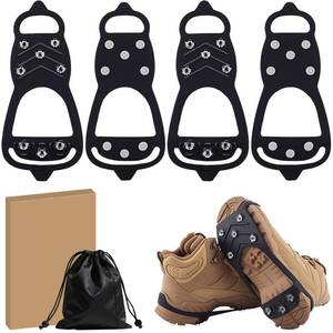 lot 36725 image: 2 Pairs Ice Cleats for Shoes and Boots, Universal Non Slip Hiking Spikes, Micro Shoe Spikes for Snow and Ice, Durable Snow Crampons for Winter Hiking Climbing Ice Fishing, 8 Steel Studs Gripper Spike - Retail $18