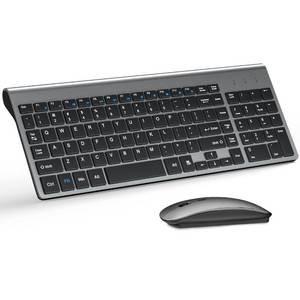 lot 36738 image: Wireless Keyboard and Mouse Ultra Slim Combo, TopMate 2.4G Silent Compact USB 2400DPI Mouse and Scissor Switch Keyboard Set with Cover, Batteries Included, for PCLaptopWindowsMac - Gray Black - Retail $29