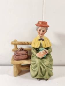 lot 102 image: Lefton Ceramic Figurine Woman Sitting on Wooden Bench with Tea Cup