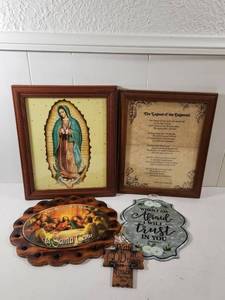 lot 118 image: Mixed Religious Wall Decor Collection with Framed Art and Signs
