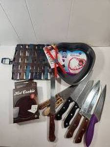 lot 132 image: Mixed Kitchen Items Lot - Knives, Baking Pan, Trivet, and Hot Cookie Warmer