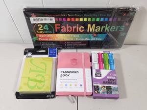 lot 178 image: Art and Craft Supply Bundle with Fabric Markers, Stencils, Password Book and Paint Markers