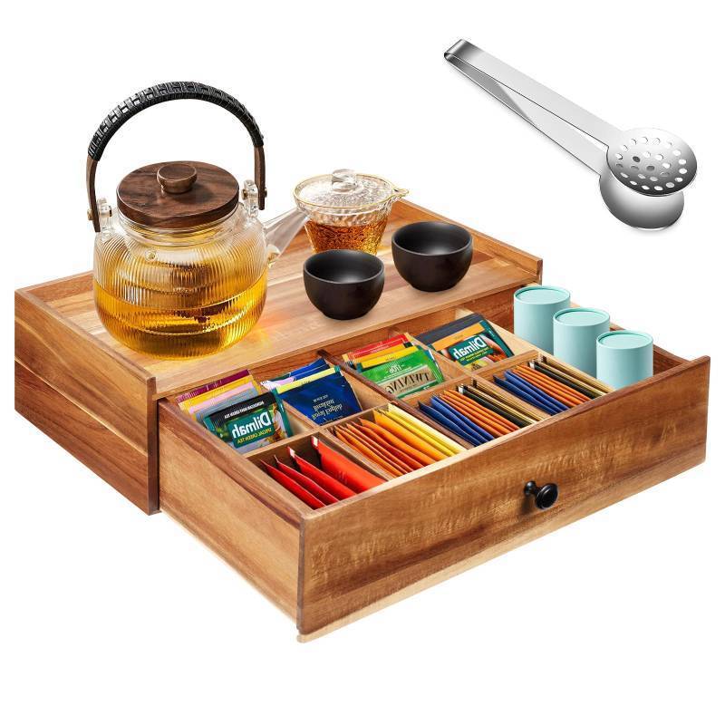 lot 16893 image: Acacia Wood Tea Bag Organizer with Tea Bag Squeezer, Tea Box Organizer Storage Box, Tea Bag Holder with Drawer, Tea Caddy for Tea Bags, Tea Bag Storage Station, Tea Bar Accessories for Countertop - Retail $33