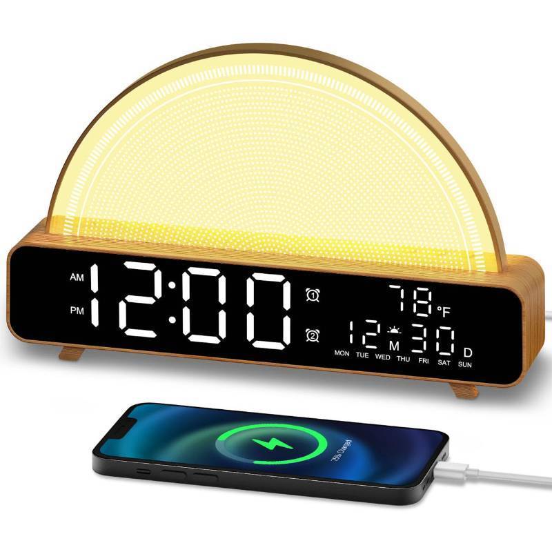 lot 16898 image: HAODINGMAI Sunrise Alarm Clock Wake Up Light with Sunrise Simulation White Noise Machine Touch Control Bedside Lamps Colors Atmosphere Lamp 306090 Sleep Timer 13 Nature Sounds - Retail $30