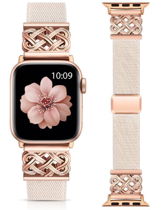 lot 41283 image: Minyee Magnetic Stretchy Band Compatible with Apple Watch Bands 38404142mm Women Men, Celtic Knot Soft Elastic Nylon Strap for iWatch Series 11 10 9 8 7 6 5 4 SEUltra 3 2 1, StarlightRose Gold - Retail $16