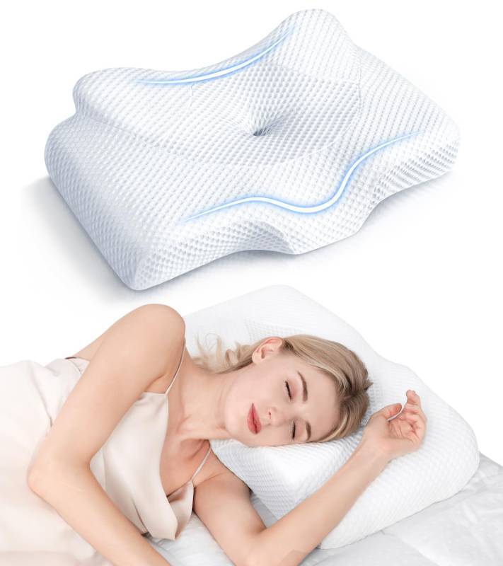 lot 44628 image: Osteo Cervical Pillow for Neck Pain Relief, Hollow Design Odorless Memory Foam Pillows with Cooling Case, Adjustable Orthopedic Bed Pillow for Sleeping, Support for Side Back Sleepers - Retail $79