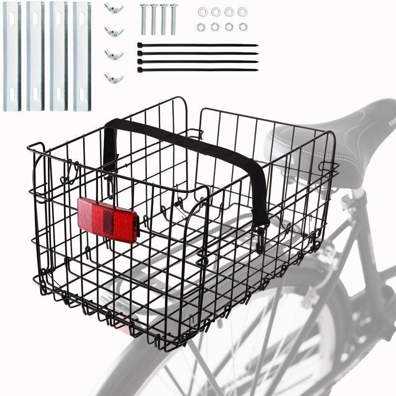 lot 45523 image: Suwimut Folding Rear Bike Basket, Quickly Release Metal Wire Bicycle Basket Cargo Rack with Strap & Reflective Tail Light for Most Mounted Bike Rack, Adult Women Men Carrying Dogs, Pets, Grocery - Retail $19
