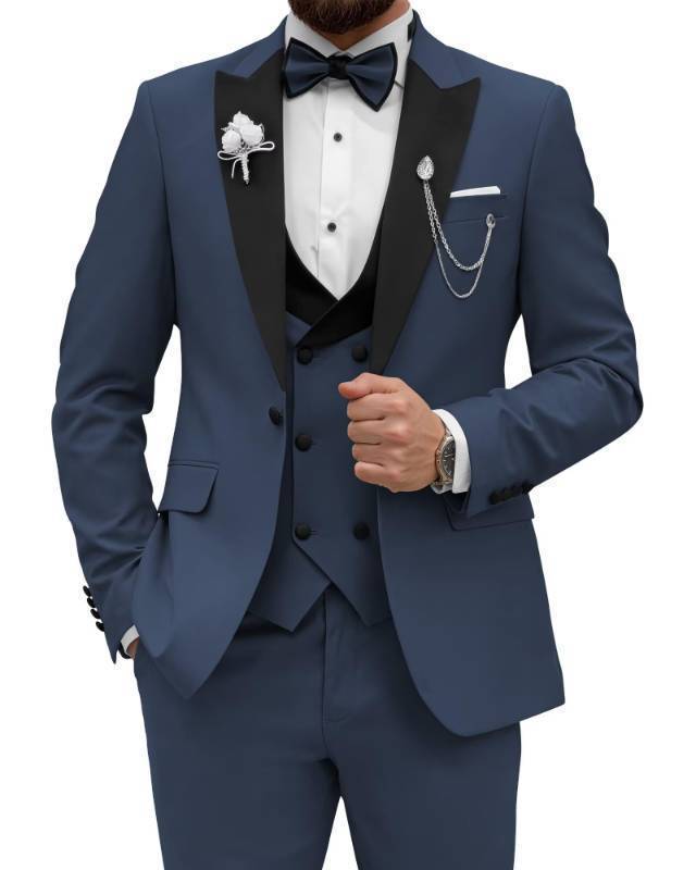 lot 45552 image: Wangyue Mens Tuxedo Wedding Suits for Men Slim Fit 3 Piece Suit Formal Prom Tuxedo Navy Blue Suits Regular Fit, L pre owned - Retail $81