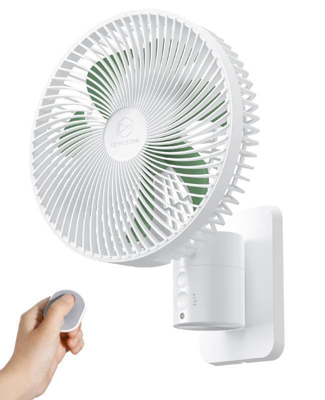 lot 45886 image: Quiet Wall-Mounted Oscillation Fan with Remote & Timer, 4-Speed Adjustable for Small Bathrooms, Indoor Bedroom Cooling for RV, Adjustable Tilt, 5.92 ft Cord, Garage Cooling Fan for Home - Retail $44