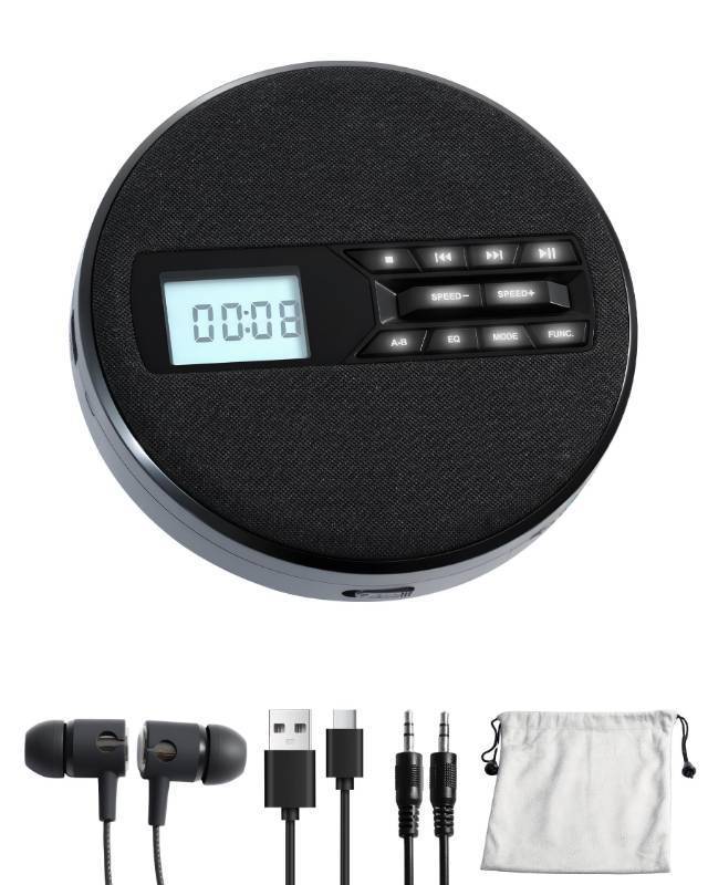 lot 45888 image: CD Player Portable with Speakers - Rechargeable Personal CD Player for Car and Home, Small Fabric Music Player with Backlit Display, Anti-Skip, AUXUSB Port - Ideal for Audiobooks & Gifts - Retail $36