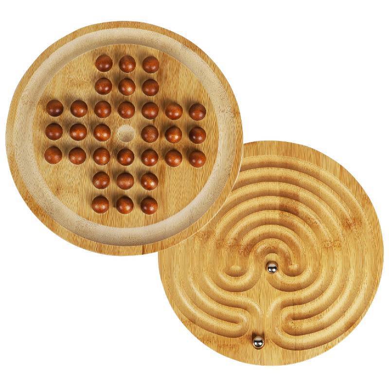 lot 45902 image: TOWO Wooden 2-in-1 Solitaire and Labyrinth Game Set- Classic one Player Board Game 25cm 9.8 Marbles-Balancing & Strategy Game 2in1-Brainteaser Puzzle and Maze for 6 Years Old to Adult - Retail $18