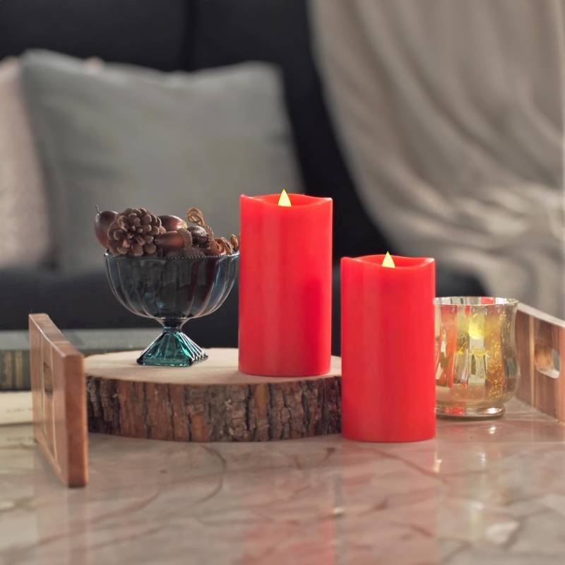 lot 45904 image: GyrHub Flameless Candles Last 1300 Hours Real Wax Flame Effect Auto-Moving 3D Wick, LED Pillar Candles with Timers Battery Operated - Red - Retail $21
