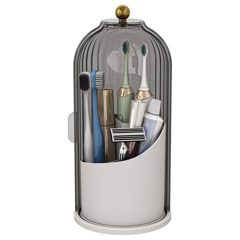 lot 45909 image: Zufudo Dustproof Toothbrush Holders with Cover, Rotating Electric Toothbrush and Toothpaste Holder for Bathroom Countertop, 3 Slots Makeup Brushes Organizer, Grey White - Retail $21